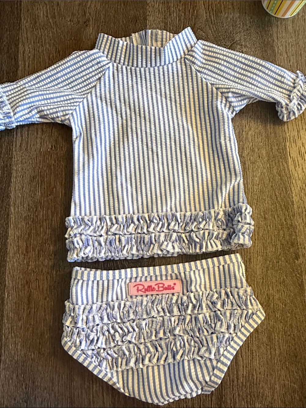 Ruffle Butt's blue white stripe seersucker 6-12 month baby girls bathing suit